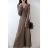 Runshi Otoño e Invierno Nuevo Vestido de Lana Pura hasta la Rodilla con Cuello en V para Mujer, Ajustado, a la Moda, Versátil, con Hebilla, Línea A, para Fondo, Falda Larga