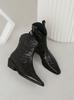 En Stock Estilo Celebridad de Internet Modelo Nuevo Vacaciones en Londres ~ Botines Vaqueros Arrugados de Tobillo Elegantes con Punta Aguda, Corte en V, Adelgazantes, Tacón Grueso para Mujer