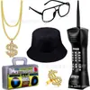 Traje de los 80 para Hombre Cosplay Hip Hop Punk Collar de Dólares Anillo Pendientes Gafas Sombrero de Pescador Traje