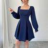 Vestido Novo de Outono 2025 Transfronteiriço Amazon Comércio Exterior Manga Longa com Decote Quadrado, Cintura Marcada, Saia Evasê Emagrecedora para Mulheres