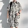 Conjunto de Camisa de Praia de Seda de Gelo Masculino Verão Tendência Solto Tamanho Grande Shorts Masculinos Camisa Floral Roupa de Praia Masculina