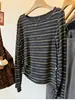 Ruiyee Ming Conjunto Estilo Coreano Raya Gris Corte Delgado Manga Larga Suéter Base de Punto Mujer Otoño Petite