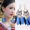 Novo Retro Novo Chinês Azul Pena Contas Longo Borla Brincos Femininos Estilo Étnico Exótico Jóias de Orelha