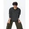 Camiseta de punto a rayas de manga larga para hombre, Otoño Casual, Ropa interior de capa base, Adolescente, Holgada, Tallas grandes, Top de cuello redondo