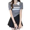 Tricô Estilo Faculdade com Gola Polo para Mulheres Baixinhas, Camiseta de Manga Curta com Ombro Direito Descoberto, Ajuste Slim, Top Curto Sexy