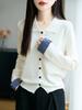 Cardigan de Tricô Gola Lapela Lã Fina Outono Novo 25 Anos Manga Longa Punho Feminino Design de Combinação de Cores Xadrez Top