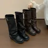 Botas altas de suela gruesa con pliegues apilados y tacón grueso, moda otoño 2026 para mujer, hebilla de cinturón, botas largas de motocicleta