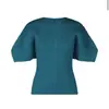 Camiseta de Manga Corta con Cuello Redondo para Mujer Verano Nueva Ropa para Mujer Ropa Plegada Miyake Sentido del Diseño Color Sólido Ropa Versátil Top Mujer