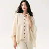 Nueva colección de otoño e invierno: chal de punto de lana merina 35 de color liso con cuello redondo, cierre de botón, mangas tres cuartos, corte holgado, cárdigan de punto versátil