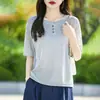 Camiseta Feminina de Tricô de Seda Gelada com Gola Redonda Estilo Francês, Manga Curta, Verão 2026, Fina, Respirável, Caimento Solto, Top Emagrecedor, Camiseta de Meia-Manga, Nova