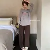 Nuevo Otoño/Invierno 2658 # Estilo Coreano Casual Holgado Manga Larga Pantalón Largo Rayón Ropa de Casa Cómodo Pijama de Cuello Redondo para Mujer