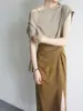 Camiseta de Manga Corta con Cuello Marrón Rojizo JOJOZ Adelgazante Clavícula Elegante Moda Chic Top ss Textura de Alta Calidad