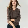 Moda Retrô para o Trabalho~75% Caxemira 25% Seda de Amora Tricô Feminino Cinco Agulhas Fio Fantasia Gola V Suéter Solto Emagrecedor