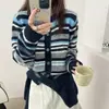 Cardigã de tricô listrado color-block para mulheres, nova peça de outer wear para outono e inverno, suéter versátil para mulheres baixinhas, top feminino estilo coreano