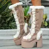 Botas de Nieve de Invierno Estilo Lolita Gótico Europeo y Americano con Plataforma Impermeable, Tacones Altos, Zapatos de Gamuza para Mujer, Botas Altas Calientes con Tacones Súper Altos
