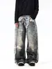 Jeans de estilo callejero americano con efecto desgastado, estampado digital 3D, estilo dos piezas falsas, para hombre y mujer, pantalones holgados de pierna ancha estilo callejero