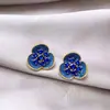 Pendientes Florales Retro Azules Acuarela para Mujer Personalidad Única Frescos Esmalte Pintado a Mano Color Flor Azul Pendientes de Botón Modernos