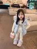 Chaleco de algodón relleno de plumón para niña, nuevo estilo otoño/invierno 2026, versión coreana, engrosado y acolchado para abrigar, chaqueta chaleco con capucha para bebés niñas