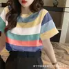 Camiseta Listrada de Manga Curta para Mulheres Verão Nova Gola Redonda Slim Fit T-Shirt Ombro Direito Tamanho Grande Casual Versátil Roupas