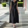 En stock 2024 EBAY AliExpress Amazon Vestido sin mangas con cuello en V, cinturón en la cintura, dobladillo de algodón y lino con abertura