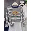 Camiseta estilosa de algodão puro com listras e manga longa para mulheres, versão coreana, moderna e versátil, top que afina a silhueta, camiseta básica para o outono