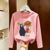Camiseta de manga comprida para meninas, nova e estilosa, 2026 primavera e outono, blusa básica de algodão puro para meninas, top de outono fofo para crianças