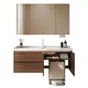Aspiradora robot estilo mid-century, estación base, combinación, mueble de baño, lavabo integrado de cerámica, madera de nogal