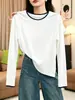 Elegante y versátil look de dos piezas, camiseta blanca de algodón puro con cuello redondo y manga larga para mujer, estilo commuter, top moderno que rejuvenece