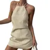 Vestido Cruzado com Gola Halter para Mulheres, Verão Algodão e Linho Slim Fit Corte A Curto, Vestido Retro Sexy de Cintura Alta