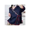 2023 Estilo Étnico Retro Cuello Diagonal Estilo Chino Bordado Camisa de Ramio Top Holgado para Mujer Vestido de Té Corte Holgado
