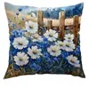 Funda de almohada con flores azules y blancas de Temu Amazon transfronteriza junto a la valla blanca, funda de almohada para oficina y dormitorio