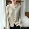Cardigan de Tricô Gola V com Fio Floral Novo Outono/Inverno 2026 Manga Longa Feminino Base Torcida Canelada Camisa Top