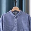 Diseño Estilo Coreano Cuello Pequeño de Muñeca Camisa de Algodón y Lino Cuadros Azules para Mujer Primavera y Otoño Holgada y Versátil Camisa Casual para Mujer