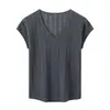 Camiseta de Punto de Seda Helada de Alta Gama Estilo Francés con Cuello en V y Mangas Cortas para Mujer, Verano Fina Estilo Nuevo, Holgada Calada Transpirable con Mangas de Volantes