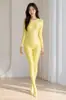 Atacado Body Brilhante de Seda Cor Sólida Camada Base Gola Redonda Body Modelador Sedoso Corte Alto Shapewear Bodybuilding Ginástica