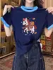 Camiseta Estilosa e Jovem Estilo Coreano de Manga Curta para Mulheres, Novo Design de Verão 2026 com Color-Blocking Gola Redonda Camiseta Básica