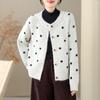 Foto Real de un Cárdigan de Punto Retro de Cuello Redondo de Alta Gama con Lunares para Mujer, Estilo Holgado y Relajado, Prenda Superior Tipo Abrigo Suave y Elegante