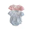 Macacão de Verão Novo para Meninas com Manga Bufante Curta, Wrap, Roupas para Gordas, Macacão Doce de Renda com Gola de Boneca para Bebê