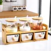 Conjunto Criativo de Potes de Cerâmica para Temperos para Cozinha Doméstica, Conjunto de Seis Peças Estilo Japonês com Frascos de Temperos e Pote de Sal