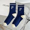 Calcetines de primavera, otoño e invierno para mujer, hasta media pantorrilla, con rayas y letra P, de algodón de color liso, deportivos, blancos y azules, para parejas