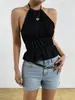 2026 Nuevos Tops de Comercio Exterior, Color Sólido Plisado de Cuello Halter Diseño de Verano para Mujer, Top Exterior sin Espalda con Amarre
