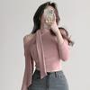 Corea del Sur Dongdaemun Nuevo Rosa Suave Elegante Cordones Cuello Semialto Ajustado Manga Larga Camiseta gn