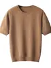 Nova coleção outono e inverno: Suéter 100% lã, camiseta masculina de manga curta com gola redonda, blusa de tricô pulôver, cashmere liso de manga curta