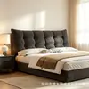 Cama de tecido estilo wabi-sabi com encosto xadrez grosso e fofo, estrutura silenciosa de madeira maciça, cama baú de piso para uso doméstico