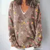 Sudadera casual de moda transfronteriza para mujer con estampado floral, cuello en V, manga larga, estilo europeo y americano