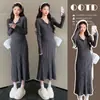 Vestido Largo de Maternidad de Encaje Tejido Gris Oscuro Ajustado Adelgazante Estilo Nuevo Primavera 2026