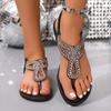 Sandálias Boêmias Tamanho Grande Feminino Novas Festa Férias Moda Strass Rasteirinha Casual Clip Dedo Sapatos de Praia