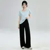 Calça fitness feminina de verão 2026, cor off-white, manga curta, cintura alta, modeladora, para yoga, esportes, casual, perna reta
