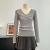 Suéter de tricô com trama de tranças e decote em V estilo coreano, de manga longa, top base feminino slim fit novo para outono e inverno