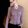 Suéter de Tricô com Renda Roxa Patchwork para Mulheres, Primavera e Outono de 2026, Elegante e Luxuoso, Versátil e Moderno, Top Camada Interna para o Dia a Dia